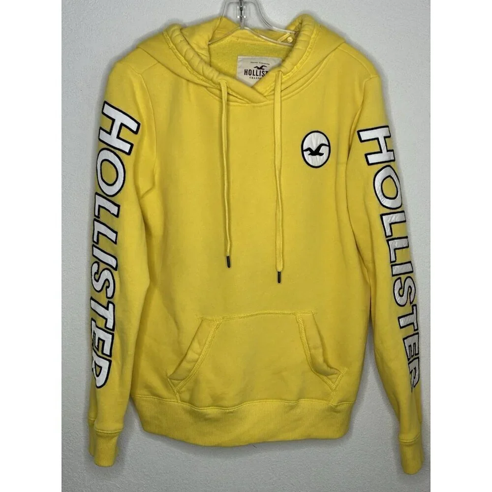 Vintage Y2K Hollister Hoodie Mens Medium Yellow Thick Fleece Lined Spell Out